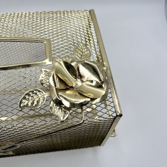Vintage Gold Tone Metal Rose Tissue Box Cover Hollywood Regency Mesh Vanity MCM - Picture 6 of 7